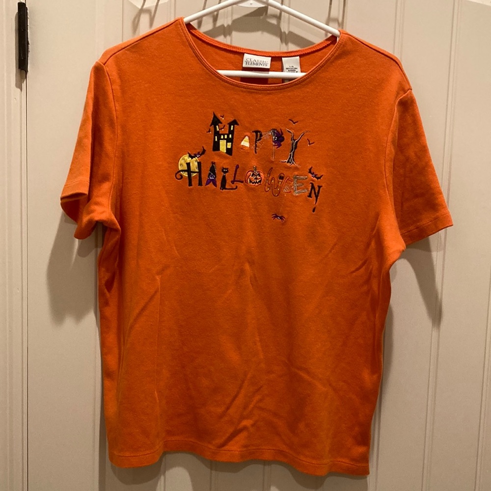 Happy Halloween Classic Elements Women’s Sz L Orange Tshirt Embroidered Graphics